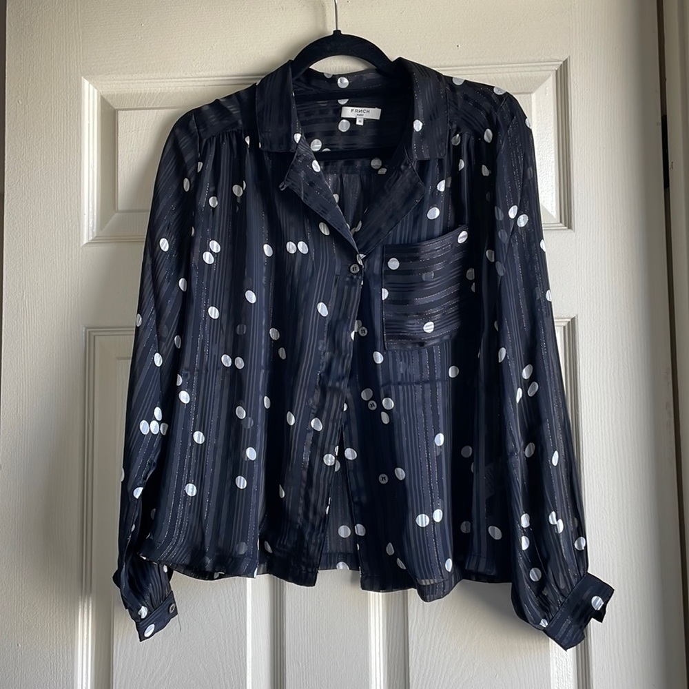 Beautiful Black Sheer Top w/ White Polka Dots. M
